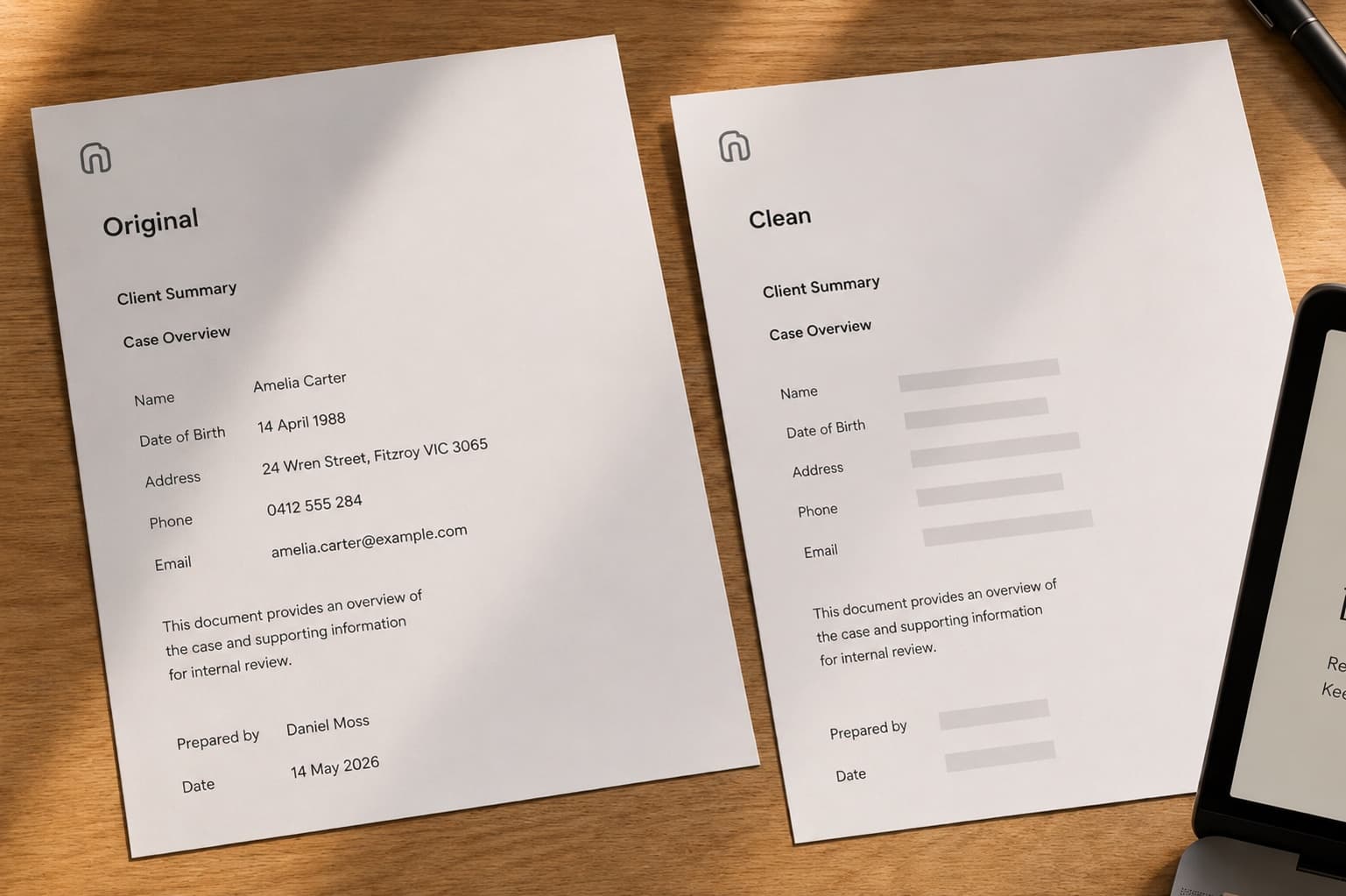 An original document on a desk beside its clean copy. The name, date of birth, address, phone number and email are covered on the clean copy.