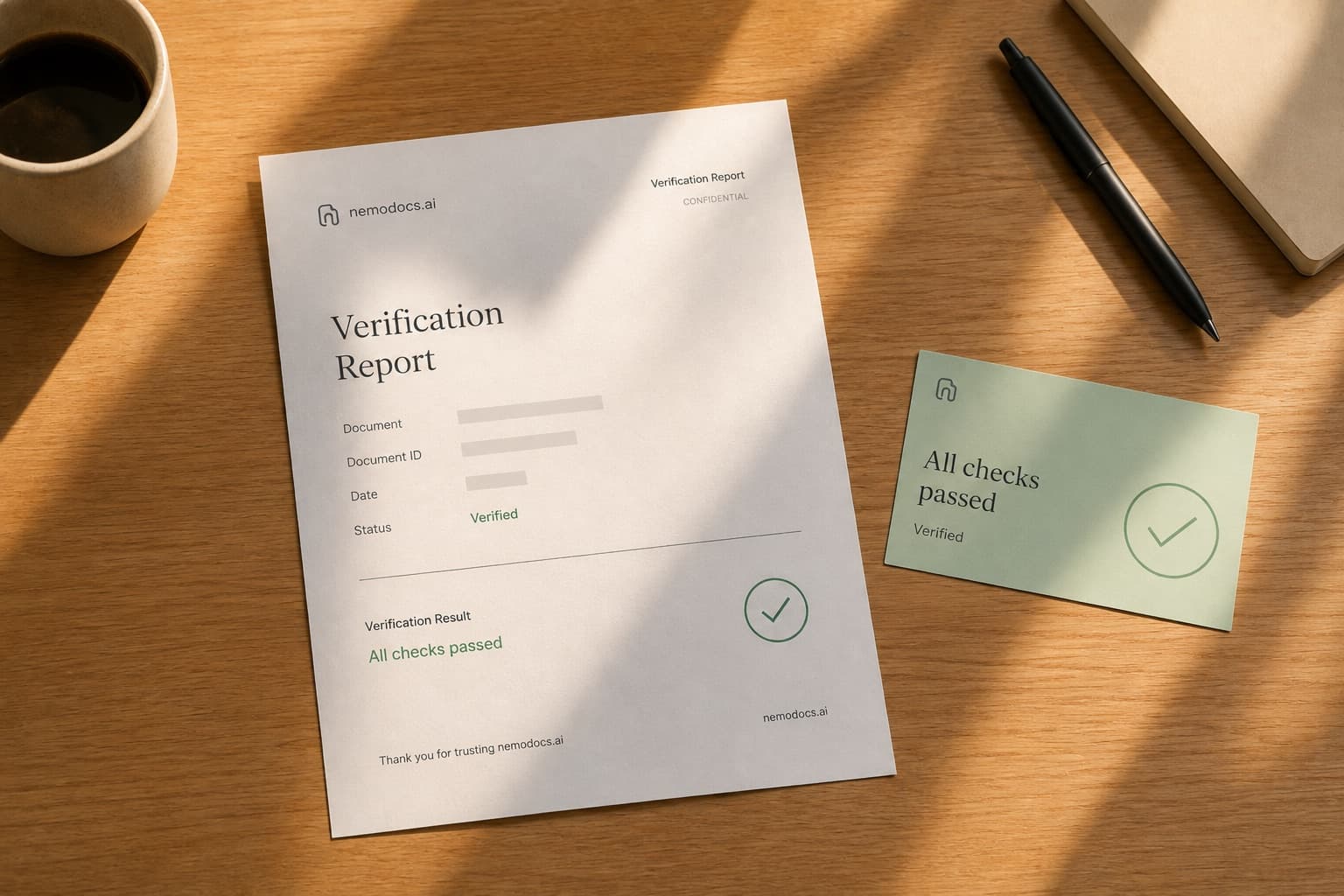 A printed verification report reading All checks passed, with a green tick, beside a card marked Verified.