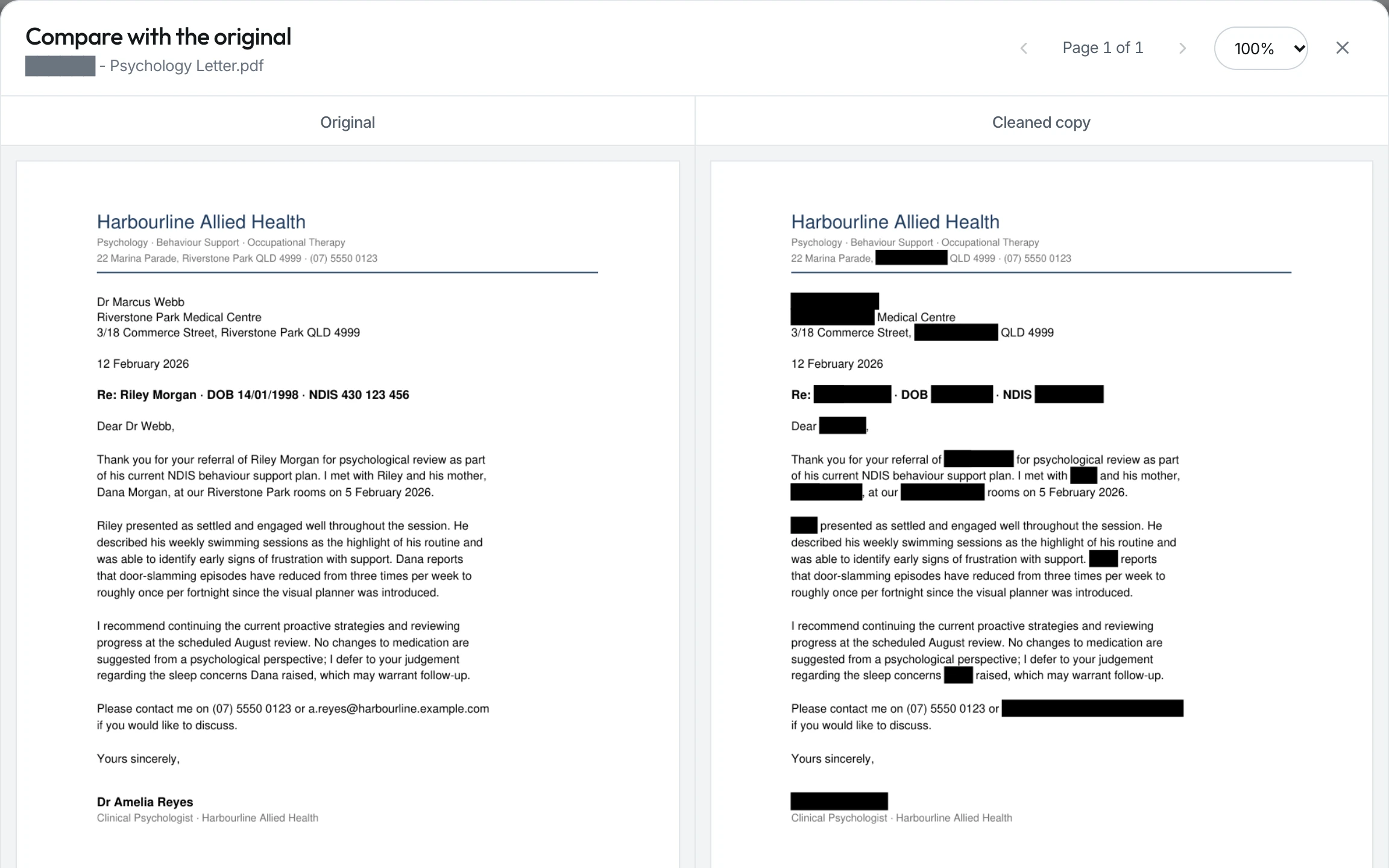 The nemodocs compare view. A psychology letter for a fictional client is shown beside its cleaned copy, where every name, the date of birth, the NDIS number, the suburb and an email address are covered by black bars.