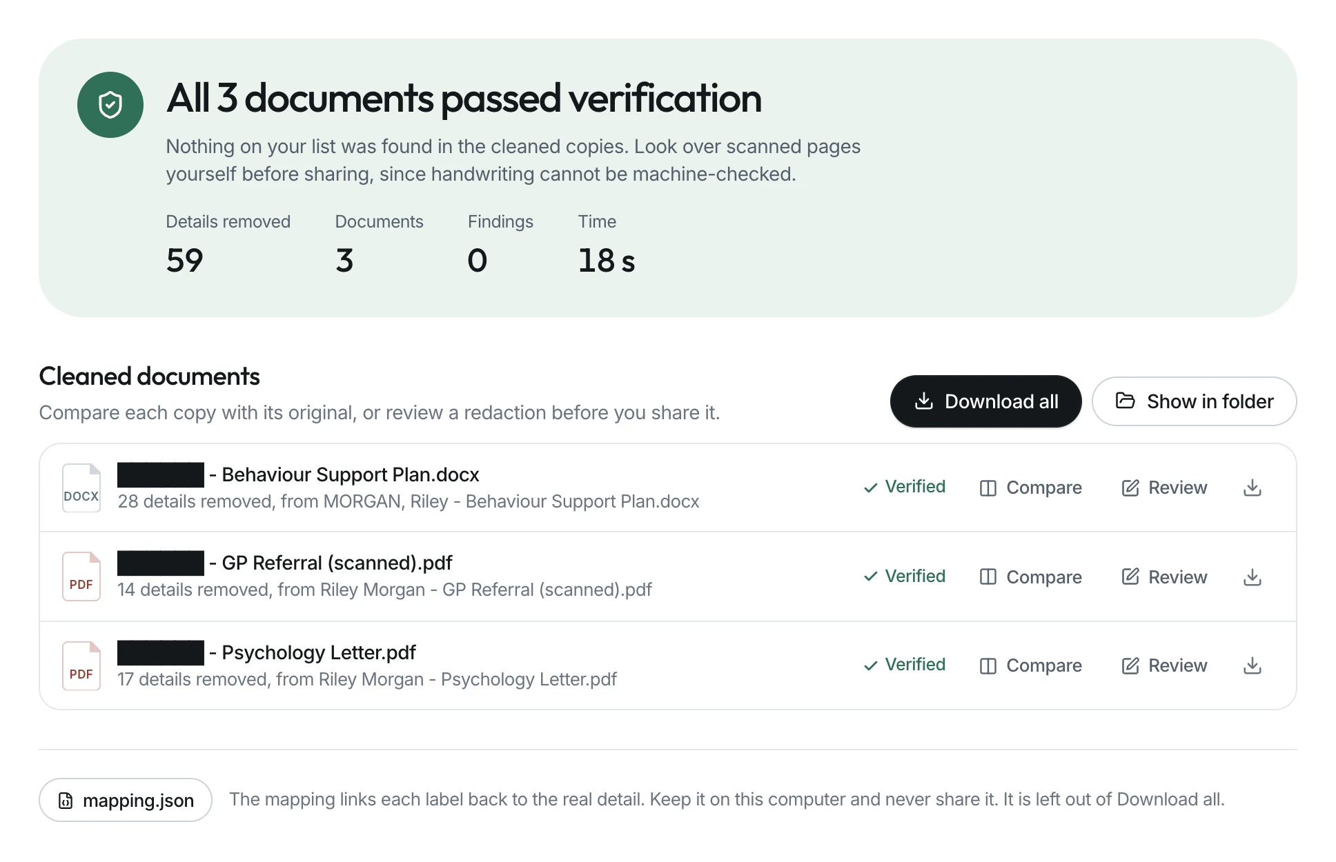 The verification result in nemodocs: all 3 documents passed verification, 59 details removed, 0 findings, with each cleaned document marked Verified and ready to compare, review or download.